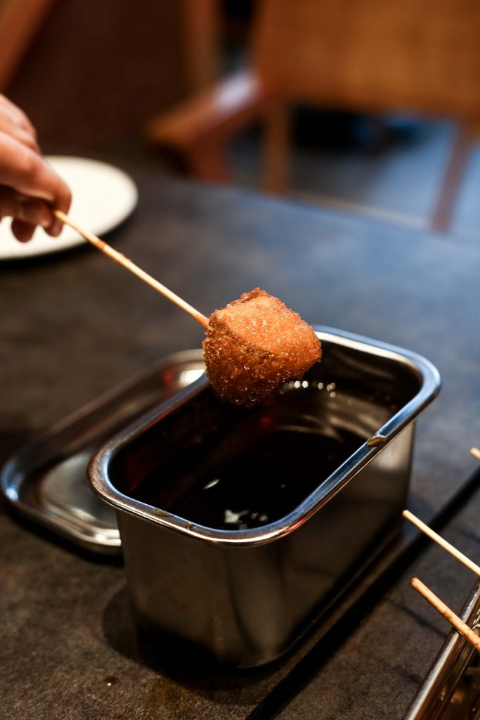 One of the more “extreme“ varieties of kushikatsu offered, according to Paw, is this foie gras kushikatsu.