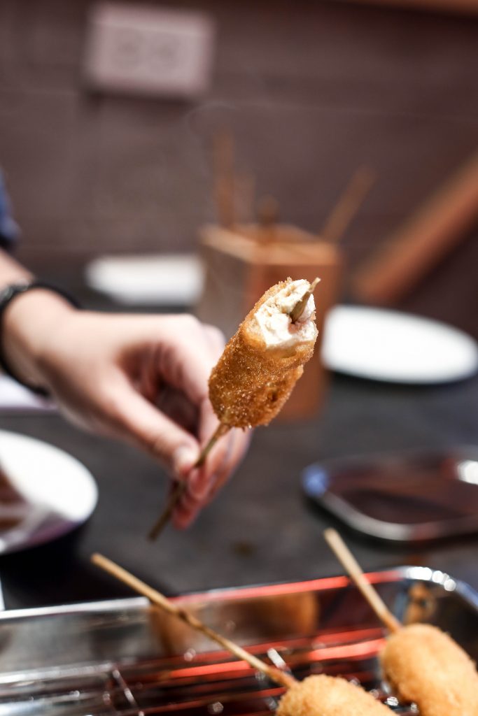 Steaming hot tofu kushikatsu
