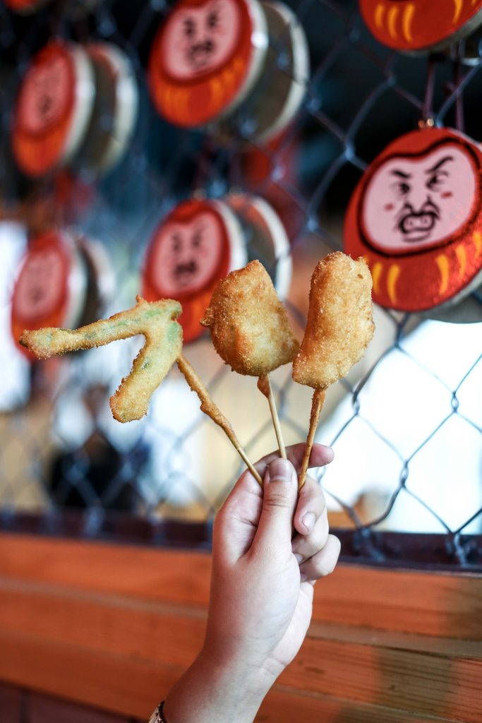 Asparagus, chicken breast, and potato kushikatsu