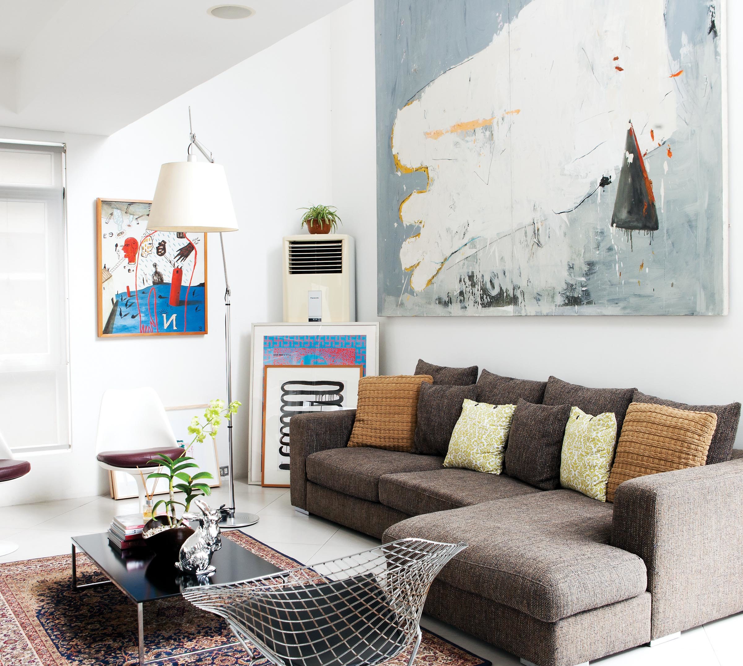 White walls allow the art pieces to stand out