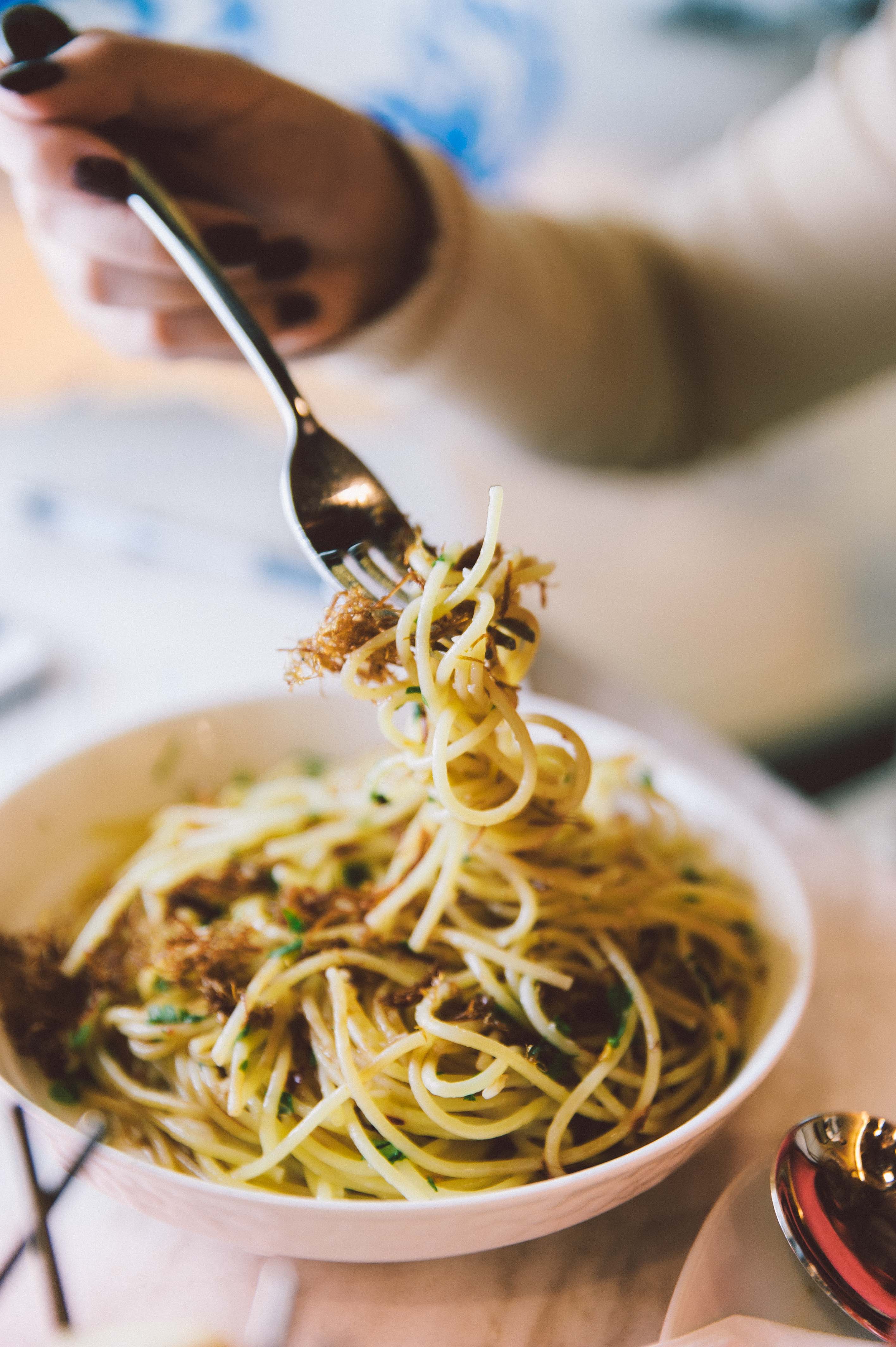 The Duck Olio merges the distinct flavor of duck floss, garlic, and spice.