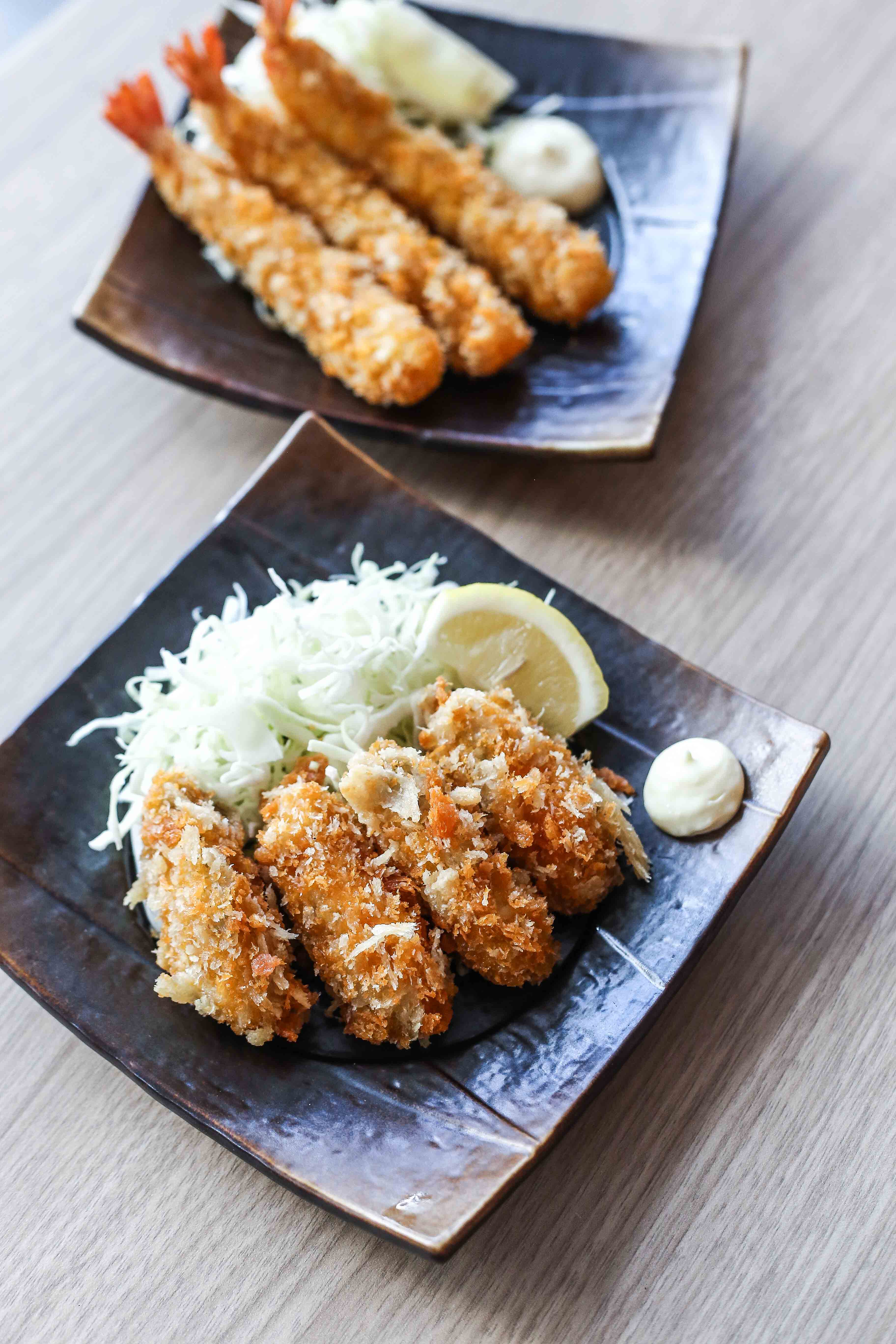 Ebi fry (fried jumbo prawns) and Kaki fry (deep fried panko oysters)