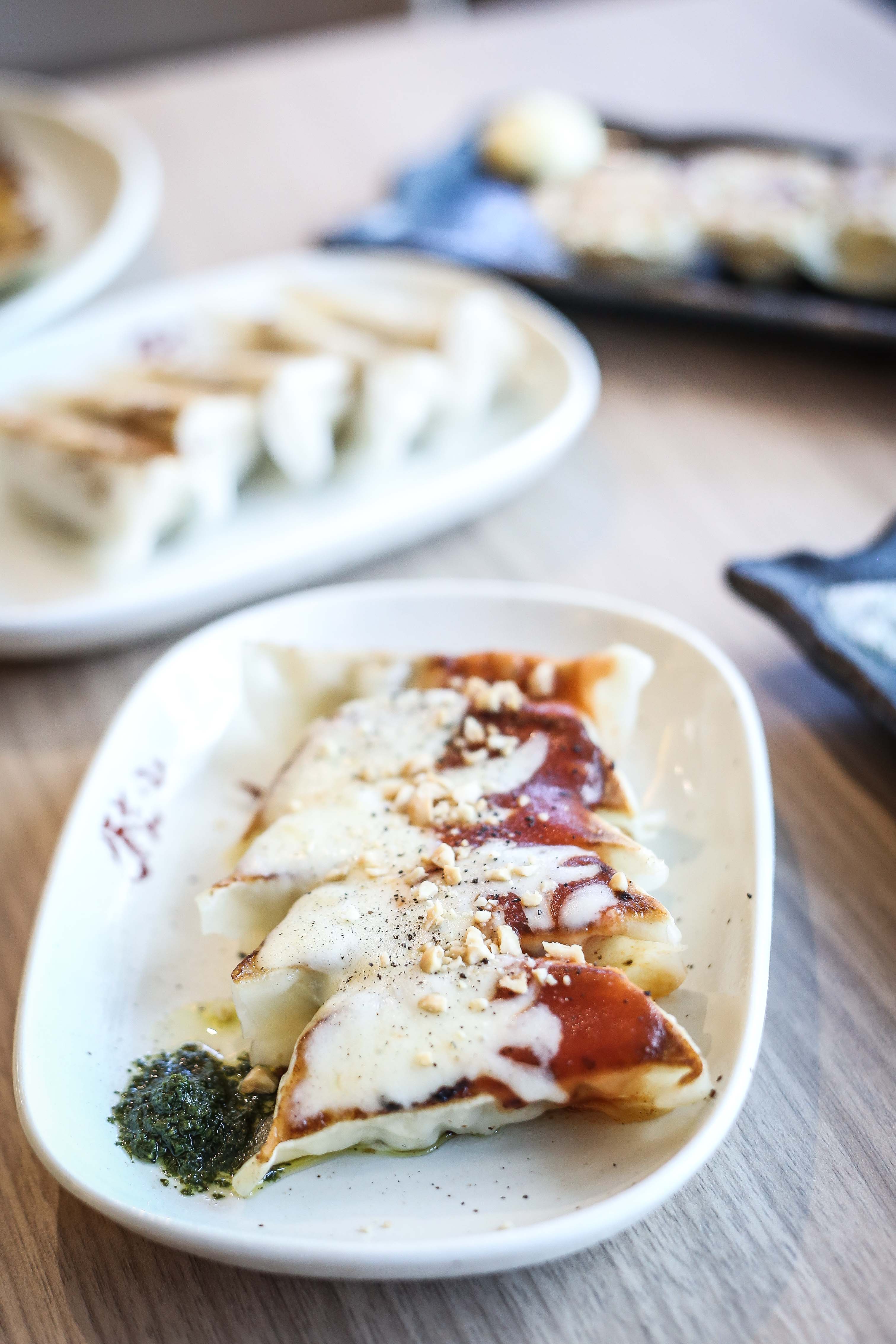 Gyoza with tomato and cheese
