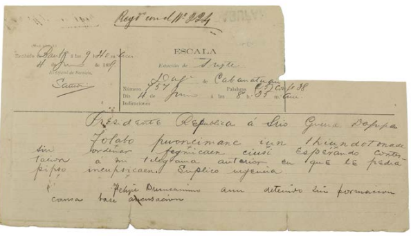 The telegram from Aguinaldo summoning Luna to Cabanatuan for "an important meeting." The order was written in Spanish. Photos courtesy of Leon Gallery