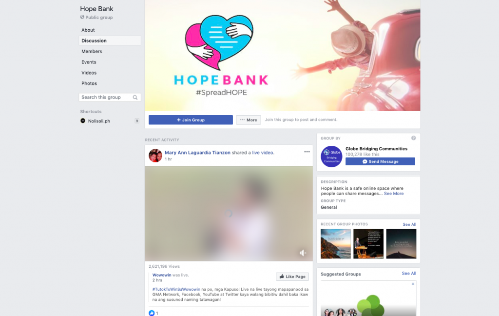 Globe Hope Bank Facebook Group page