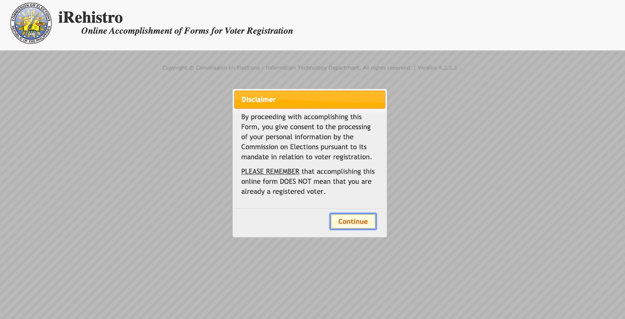 Disclaimer voter registration online application iRehistro COMELEC Philippines nolisoliph