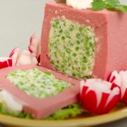 A vintage recipe made with bologna stuffed with mashed peas and mayonnaise