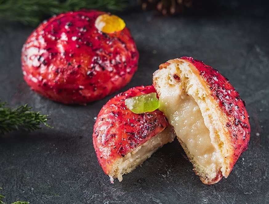 custard filled doughnut with yakult and berries