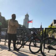 A cyclist lines up at Manila City’s drive-thru vaccination site