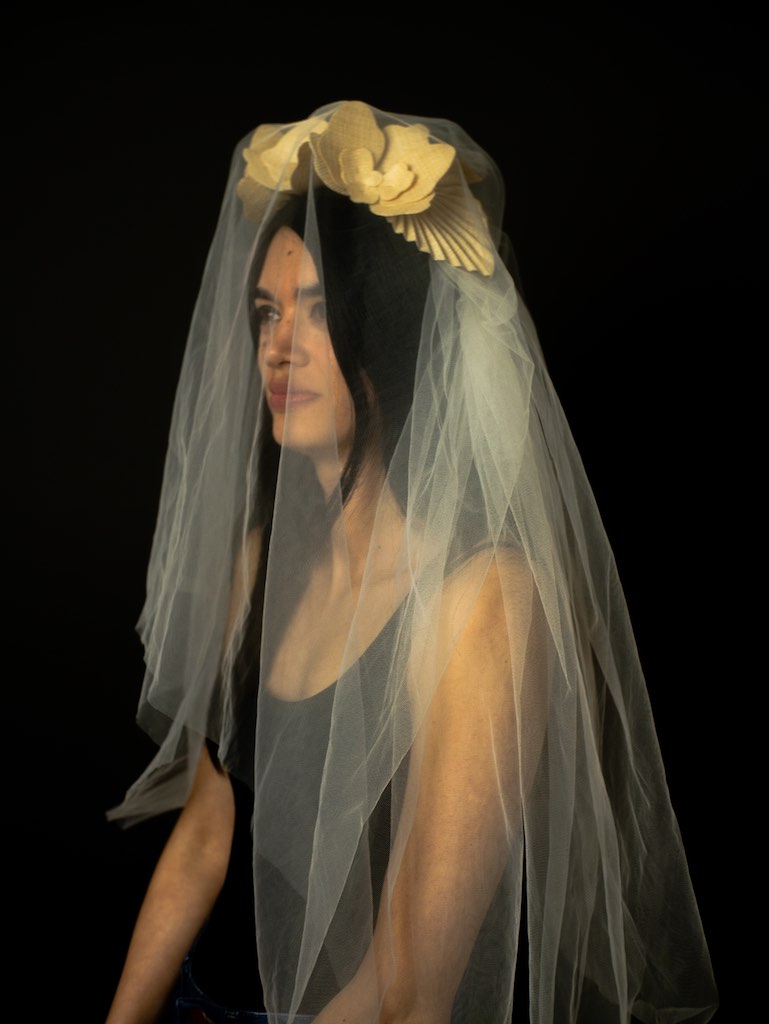 woman wearing a veil with a fascinator