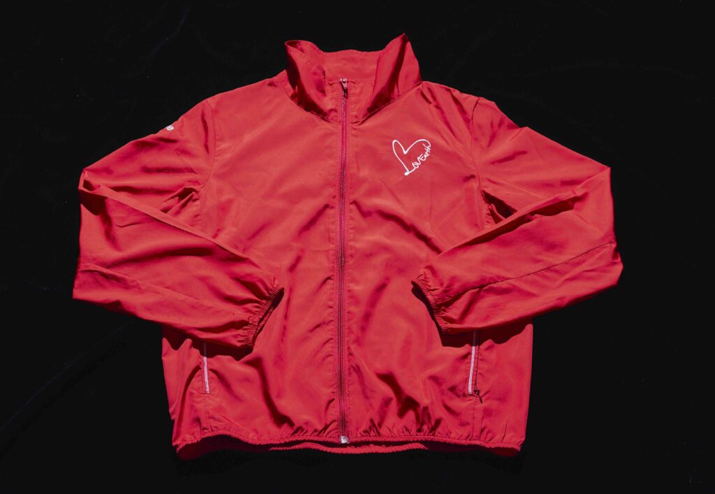 red jacket made from recycled polyester