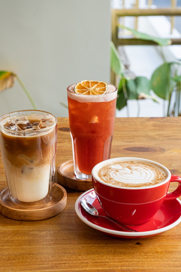 From left to right: Spotted Pig's Spanish latte, raspberry iced tea, and chai latte