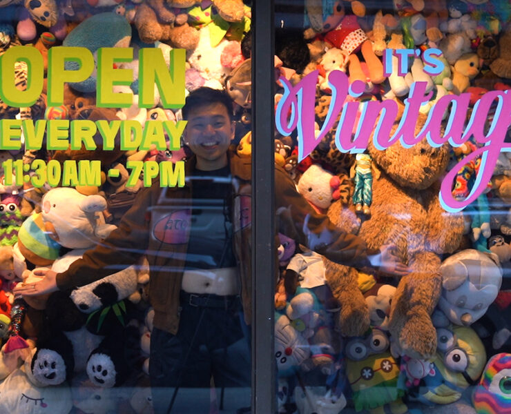 it’s vintage makati vintage shop with owner and creative director fed pua inside the store’s plush toy window display