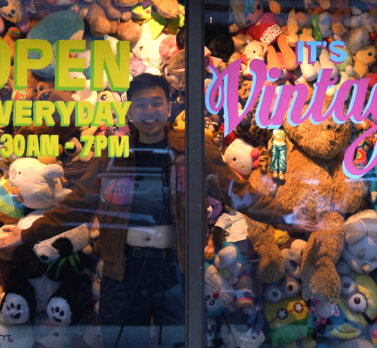 it’s vintage makati vintage shop with owner and creative director fed pua inside the store’s plush toy window display