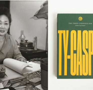 Linda Ty-Casper black and white photo by Bill Edmunds with a 2024 edition of the book “The Three-Cornered Sun” from local press Exploding Galaxies