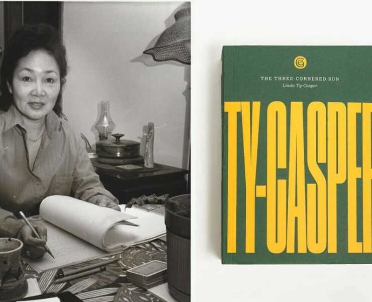 Linda Ty-Casper black and white photo by Bill Edmunds with a 2024 edition of the book “The Three-Cornered Sun” from local press Exploding Galaxies