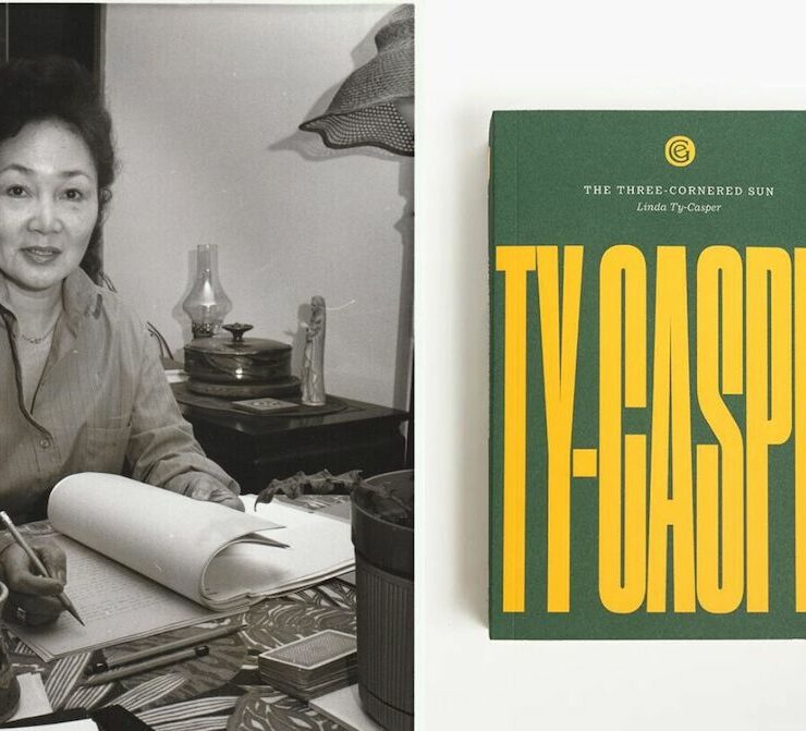 Linda Ty-Casper black and white photo by Bill Edmunds with a 2024 edition of the book “The Three-Cornered Sun” from local press Exploding Galaxies